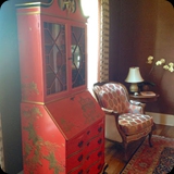 40  Family Heirloom Transformed via Lacquer Finish with Hand-painted Chinoiserie Detailing for a Living Room