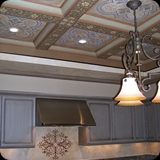 3 Ornamental Ceiling and Crackled Plaster Backsplash with Inlaid Bronze Ornament