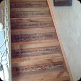 81  "Rules of the Classroom" stenciled on Risers @ Heather's circa 1814 Schoolhouse Studio.  Original Floorboards Repurposed for Stairs to the Office Loft