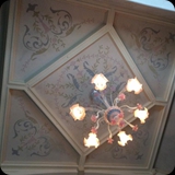 Foyer Stairwell; Lusterstone Coffered Ceiling with Ornamental Stenciled Detailing at Heather’s c. 1814 Stone Schoolhouse & Decorative Arts Studio