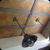 108  Custom Kitchen Ceiling Finish;  Antique Pewter Beams w/ Nail Head Detail and Hand-wrought Metallic Patina Panels