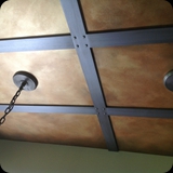 110  Custom Kitchen Ceiling Finish;  Antique Pewter Beams w/ Nail Head Detail and Hand-wrought Metallic Patina Panels