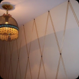 128  Detail of Light Cream Venetian Plaster Walls with Moire Ribbon and Ornamental Upholstery Tack Lattice Motif.....Inspired by my Alma Mater, MacKenzie-Childs Ltd., Wire Mesh with Glass Bead Ceiling Lantern.
