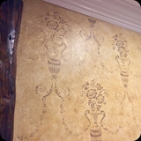 Detail; Entrance Foyer & Adjoining Hallways; Faux Finished Background with Stenciled Allover Ornamental Damask Effect.