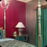 96  Metallic Silver Stria Bedroom with Faux Raspberry Alligator Skin Feature Wall