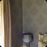 137  Hand-painted Damask Overall Finish with Metallic Silver Ceiling...A Fine Bedroom for a Young Lady.