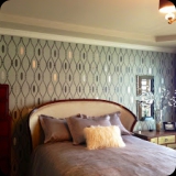 150  2014 Central New York Parade of Homes; Master bedroom feature wall - modern trellis motif with silver leaf accents.