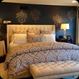 161  Free-floating ribbon damask master bedroom feature wall.