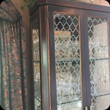 Dining Room Curio Cabinet Custom Etched Glass Panels.  Also Featured; Distressed Heirloom Furniture Finish.