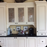 56  Custom Glass Panels for Kitchen Cabinetry Accent; Etched and Gilded Ornamental "Grillwork"