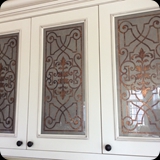 55  Custom Glass Panels for Kitchen Cabinetry Accent; Etched and Gilded Ornamental "Grillwork"