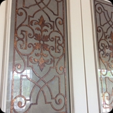 54  Custom Glass Panels for Kitchen Cabinetry Accent; Etched and Gilded Ornamental "Grillwork"