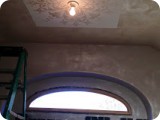 Blustery winter weather outside, peaceful & cozy on the inside. Heather's prepped the foyer ceiling for an ornamental medallion.  Several hues of Lusterstone plaster line up on the sill.