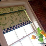 39  Whimsical hand-painted window treatment on canvas for loft apartment kitchen
